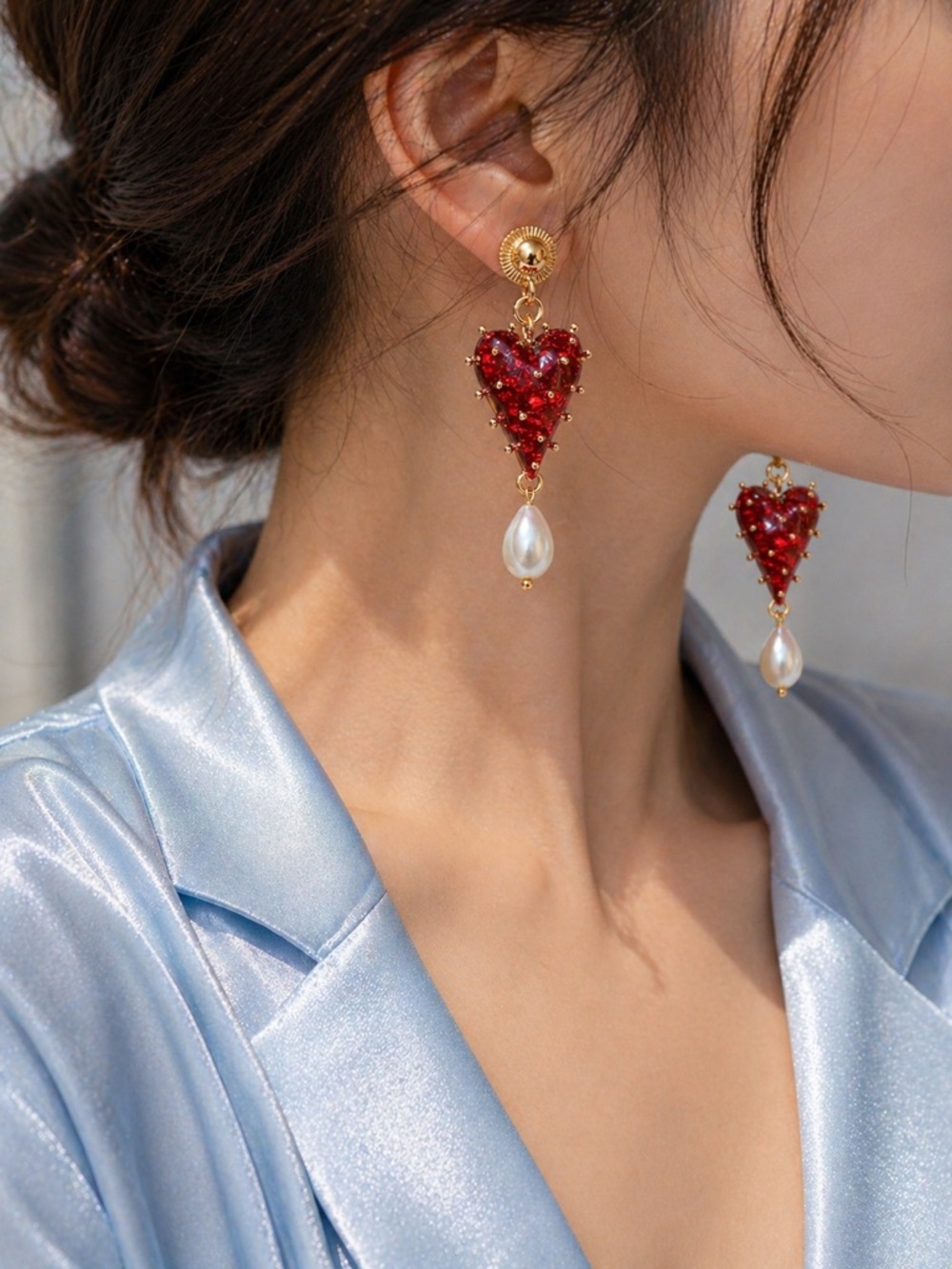Crimson Ruby Red Heart Pearl Drop Gold Earrings